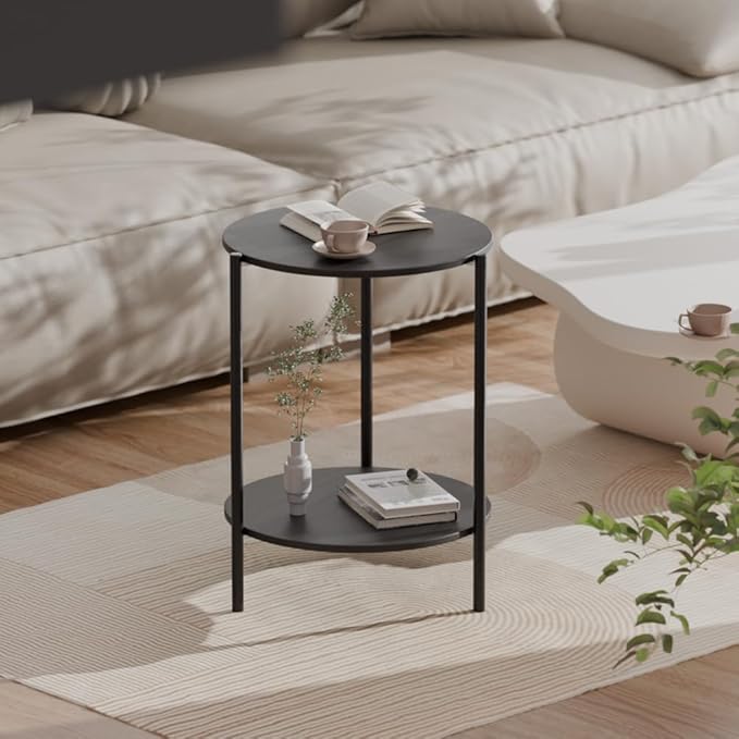 Side Table, Round End Table with 2-Layer Storage Rack, 15.7" Small Spaces Circle Table, Metal Frame Design Small Side Tables, for Living Room, Bedroom, Grey-Ruum Studio Home