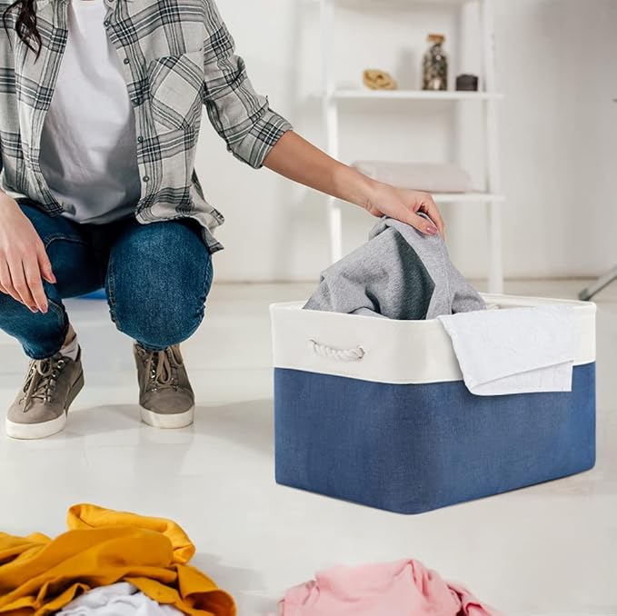 Organization and Storage Bins for Shelves - 2 Pack 17X15X12 inch Canvas Storage Cubes Collapsible Baskets for Organizing with Handles, Storage Box for Cloth Decorative (White & Blue)-Ruum Studio Home