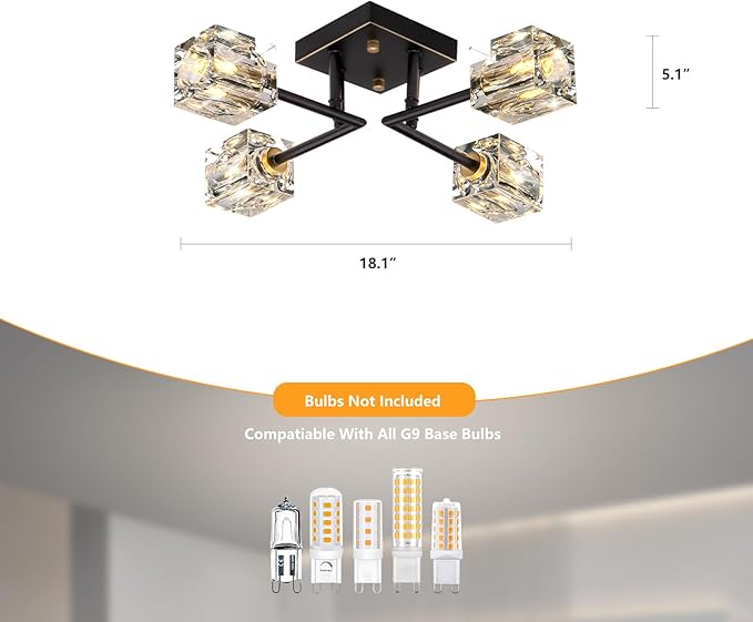 Modern Crystal Ceiling Light,Semi Flush Mount Ceiling Light Fixture with 4-Lights,Black and Gold Sputnik Chandeliers for Bedroom,Dining Room,Farmhouse Kitchen,Office,Entryway Hallway-Ruum Studio Home