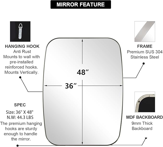 ANDY STAR Brushed Nickel Oblong Mirror, 36x48 Inch Brushed Nickel Oval Mirror for Bathroom with Stainless Steel Metal Frame, Wall Mouned for Bathroom, Living Room, Entryway-Ruum Studio Home