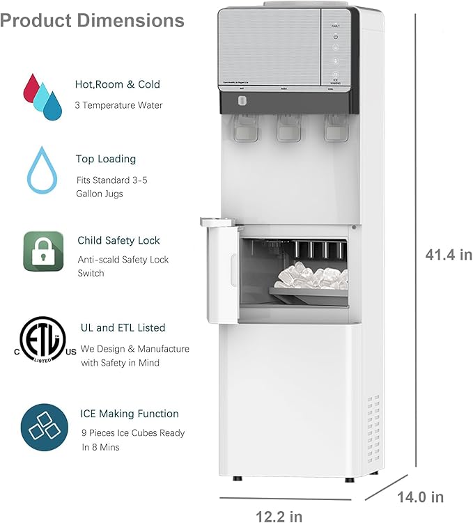 IKT 3 in 1 Water Cooler Dispenser with Ice Maker for 5 Gallon Bottle 27 lbs in 24 hrs 3 Temperature Night Light Perfect for Home Office White-Ruum Studio Home