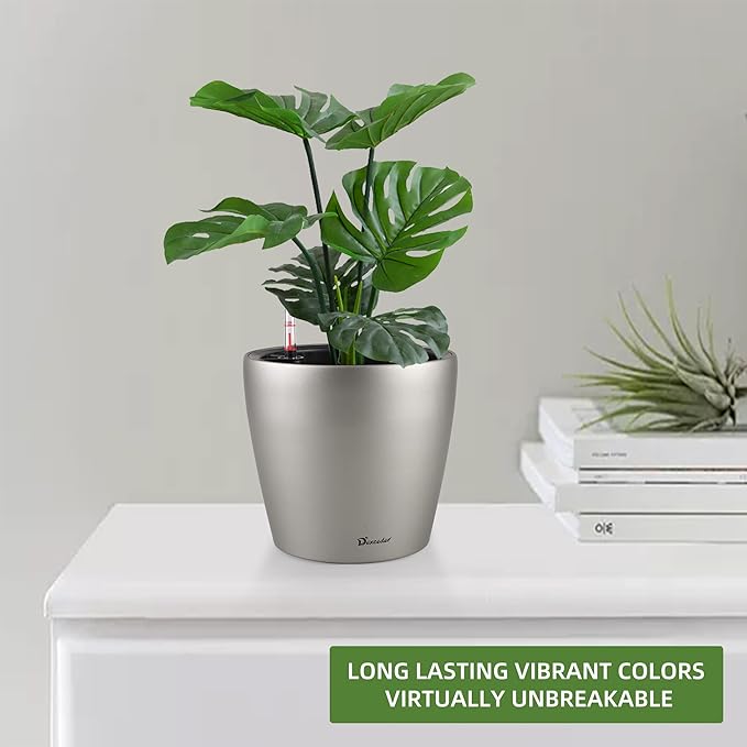 Dexceder 9x8 Inches Self Watering Planter Metallic Matte Indoor Outdoor, Inner Pot Design, Thickened Table Flower Plant Pot with Water Level Indicator (Smoky Gray)-Ruum Studio Home