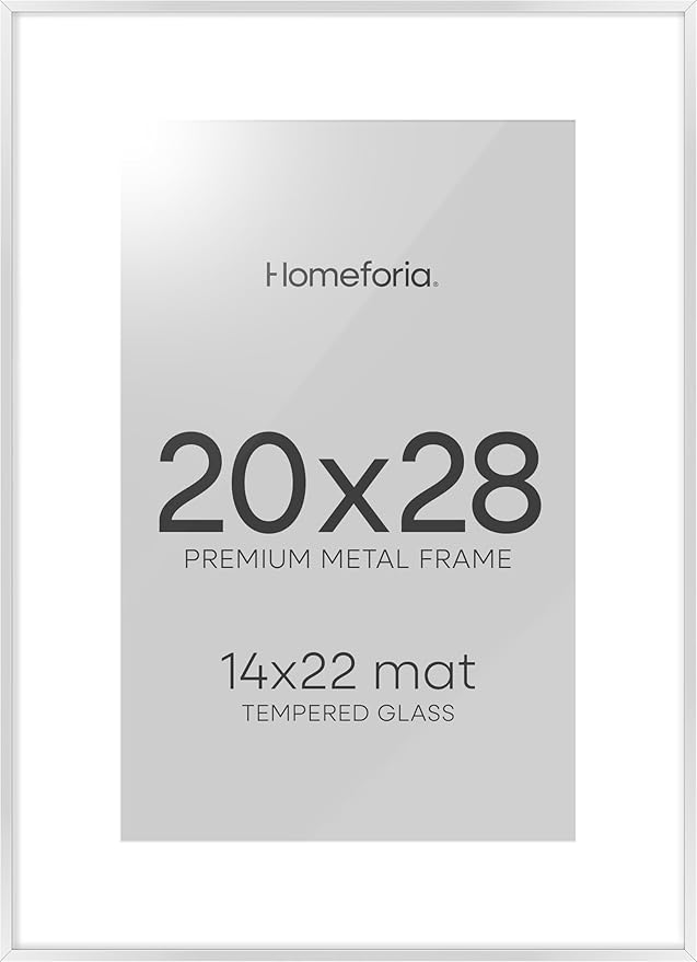Homeforia 20x28 Picture Frame Silver, High End Metal 20 x 28 Poster Frame with Mat 14 x 22 for Photo, 20x28 Silver Frames Matted to 14x22 Print, 28x20 Hanging Frame, Tempered Glass, Wall Kit, Set of 1-Ruum Studio Home