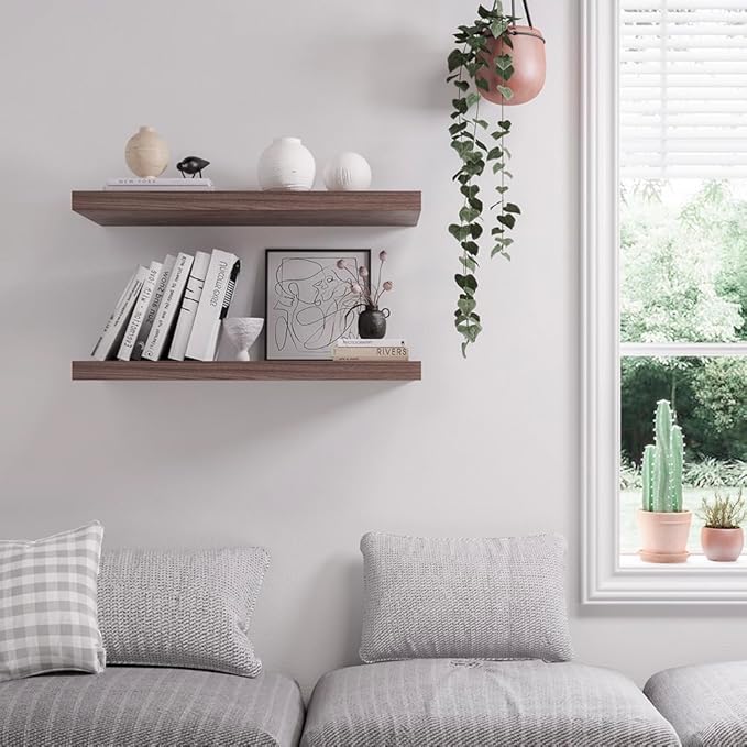Floating Shelf, Set of 2 Wall Shelf, 36 in W x 12.75 in D x 2 in H Wooden Floating Wall Shelf with Invisible Brackets for Living Room/Bedroom/Bathroom/Kitchen Storage and Decor, Walnut-Ruum Studio Home
