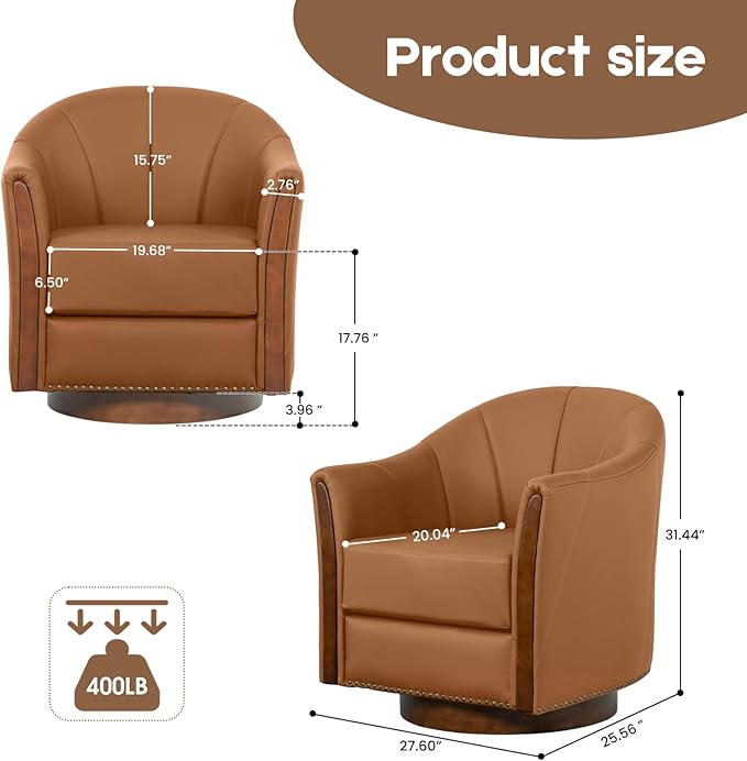 360° Swivel Accent Chair, Modern Leather Barrel Club Chair with Leather Upholstery and Sturdy Wood Base, Comfortable Armchair for Living Room, Bedroom, Reading Nook, Brown-Ruum Studio Home