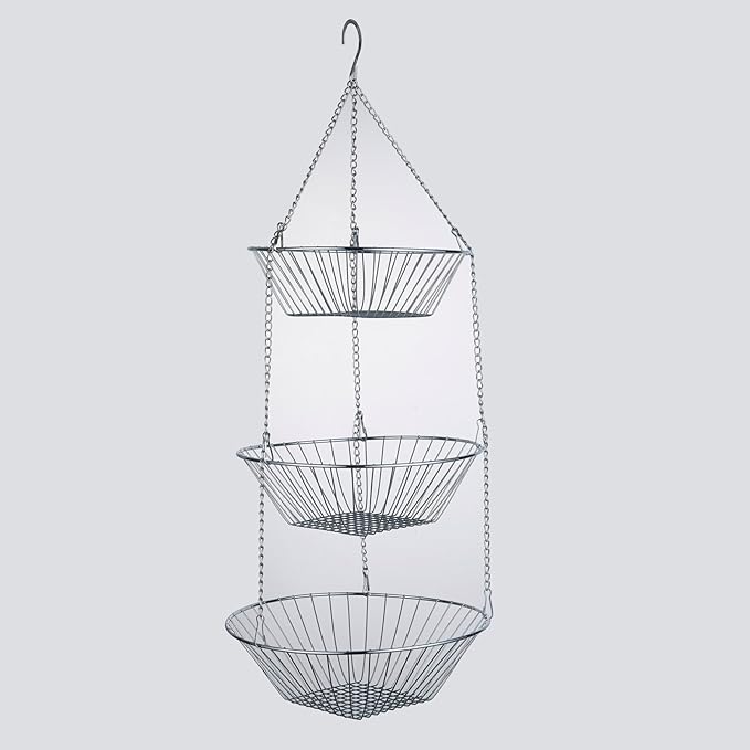 3-Tier Wire Fruit Hanging Basket 2 Packs, non-Punching Wall Hanging Storage, Kitchen Bathroom Organization Basket, Suitable for Bathroom, Kitchen, Closet, Garden, Chrome-Ruum Studio Home