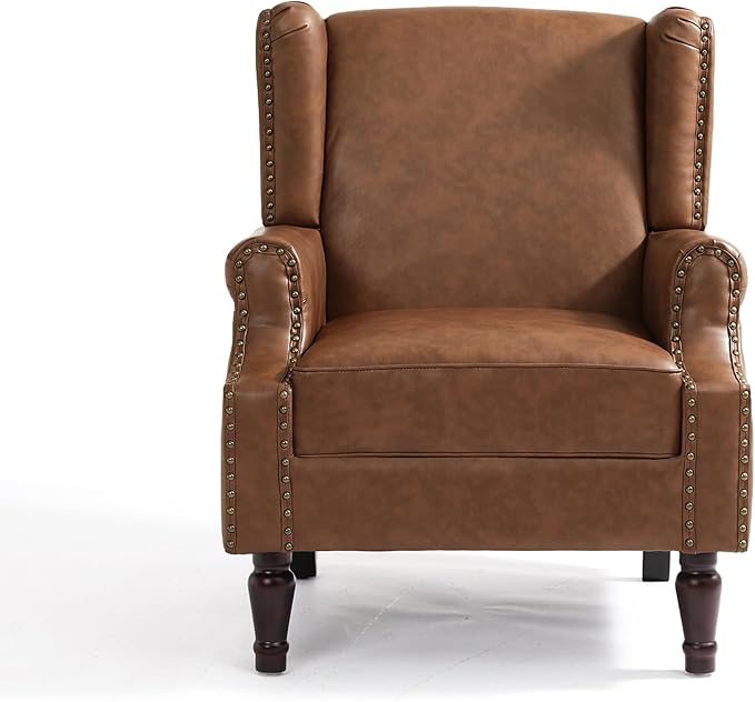 UIXE PU Leather High Back Accent Chair, Upholstered Armchair for Living Room, Retro Wingback Arm Chair Nailhead Trim Single Sofa Bedroom Reading Seat with Solid Wood Legs - Brown-Ruum Studio Home