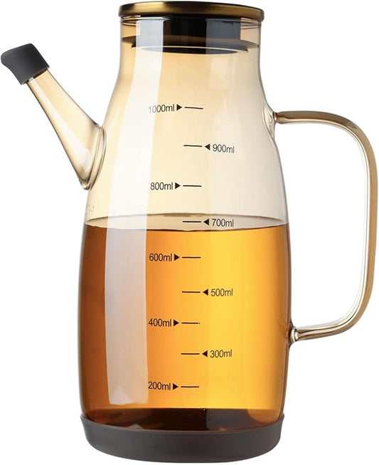 Large Glass Oil Dispenser Bottle for Kitchen Cooking Recipiente Para Aceite De Cocina Olive Oil Vinegar Dispenser Cruet Stainless Steel Lid No Drip Liquid Container (Champagne, 34oz /1000ml)-Ruum Studio Home