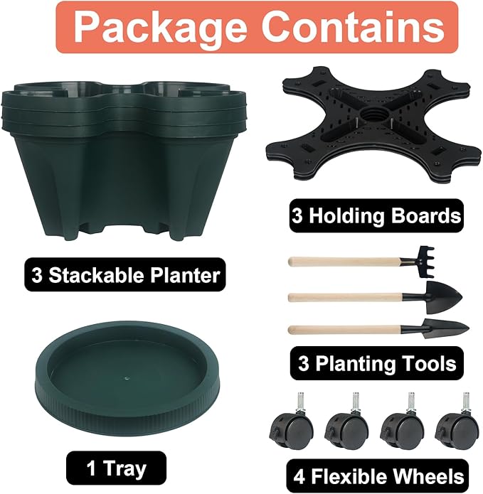 Vertical Planter 3 Tier Stackable Planters Garden Planters Strawberry Herb Flower and Vegetable Planter Indoor Outdoor Gardening Pots with Removable Wheels and Tools 2-Pack-Ruum Studio Home