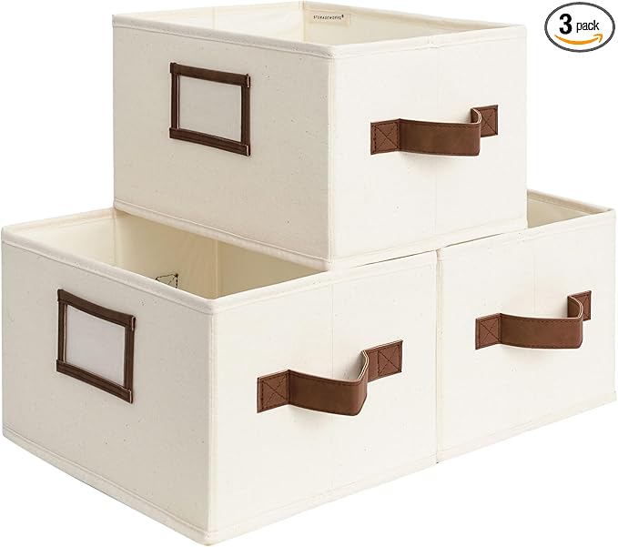 StorageWorks Storage Baskets for Shelves, Foldable Fabric Closet Storage Bins with PU Handles, Fabric Storage Bins Clothes Organizer, Ivory White, 3-Pack, Small-Ruum Studio Home