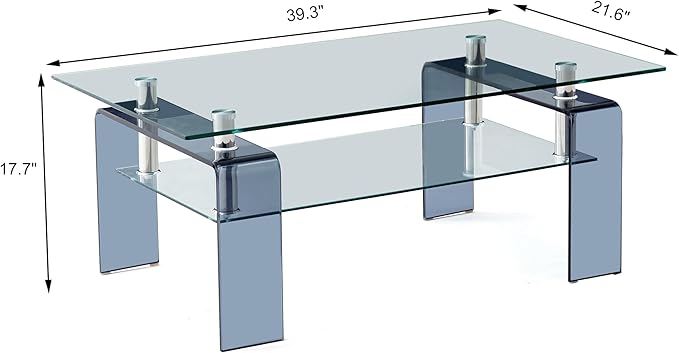 Glass Coffee Table Rectangle Living Room Center Table with Storage, Clear Tempered Glass Tabletop and Smoke Grey Leg,for Living Room and Office (Clear+Smoke)-Ruum Studio Home