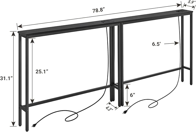 ELYKEN 5.9" Narrow Console Sofa Table with Power Outlets, 5.9" Dx39.4 Wx31.1 H Long Black Behind Couch Table with Metal Frame and Charge Station with 6.5’ Extension Cord-Ruum Studio Home