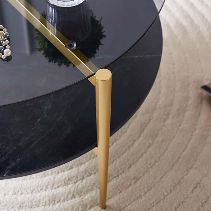Round Coffee Table for Living Room, Mid-Century Modern Design, D30 x H17, 2-Tier Structure, Grey Glass Top and Black Marble Finish Wood Shelf, Sleek Conical Metal Legs with Gold Finish Frame-Ruum Studio Home