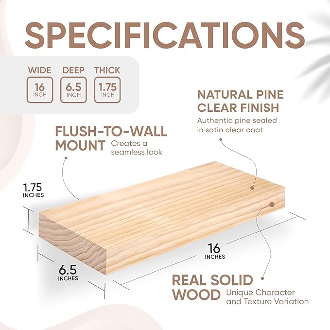 Homeforia 16 inch Natural Floating Shelf, High End Solid Real Wood 16inch Small Floating Shelves for Wall Mounted, Natural Wooden Floating Shelves, Heavy Duty Bracket, 16 X 6.5 X 1.75 in, Set of 2-Ruum Studio Home