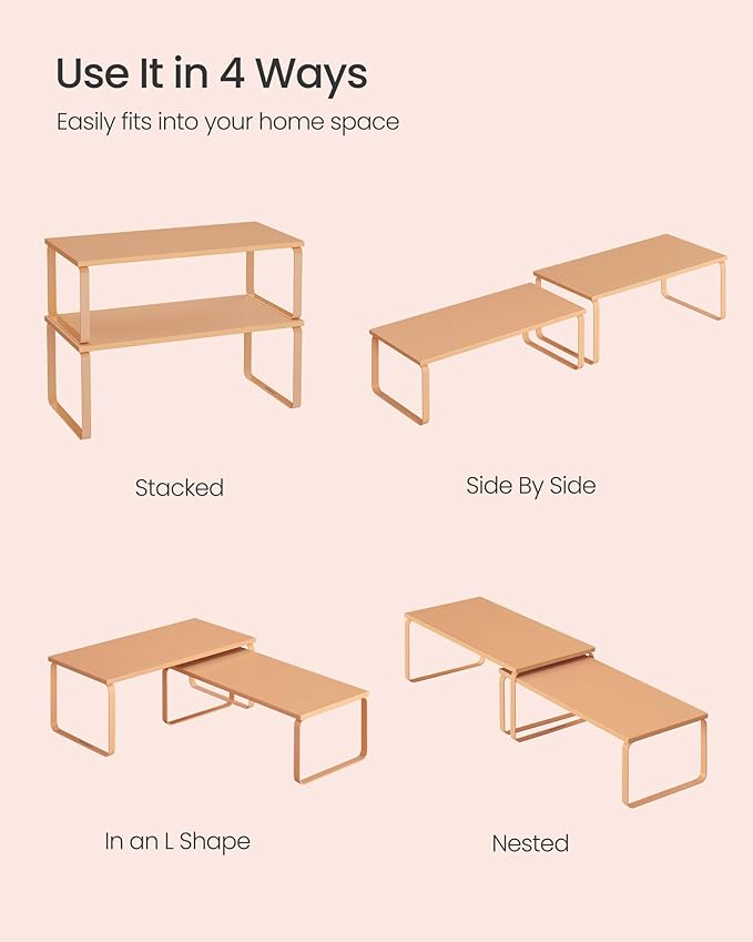 SONGMICS Cabinet Organizer Shelf, Set of 2 Kitchen Counter Shelves, Kitchen Storage, Spice Rack, Stackable, Expandable, Metal and Engineered Wood, Apricot UKCS200Y01-Ruum Studio Home