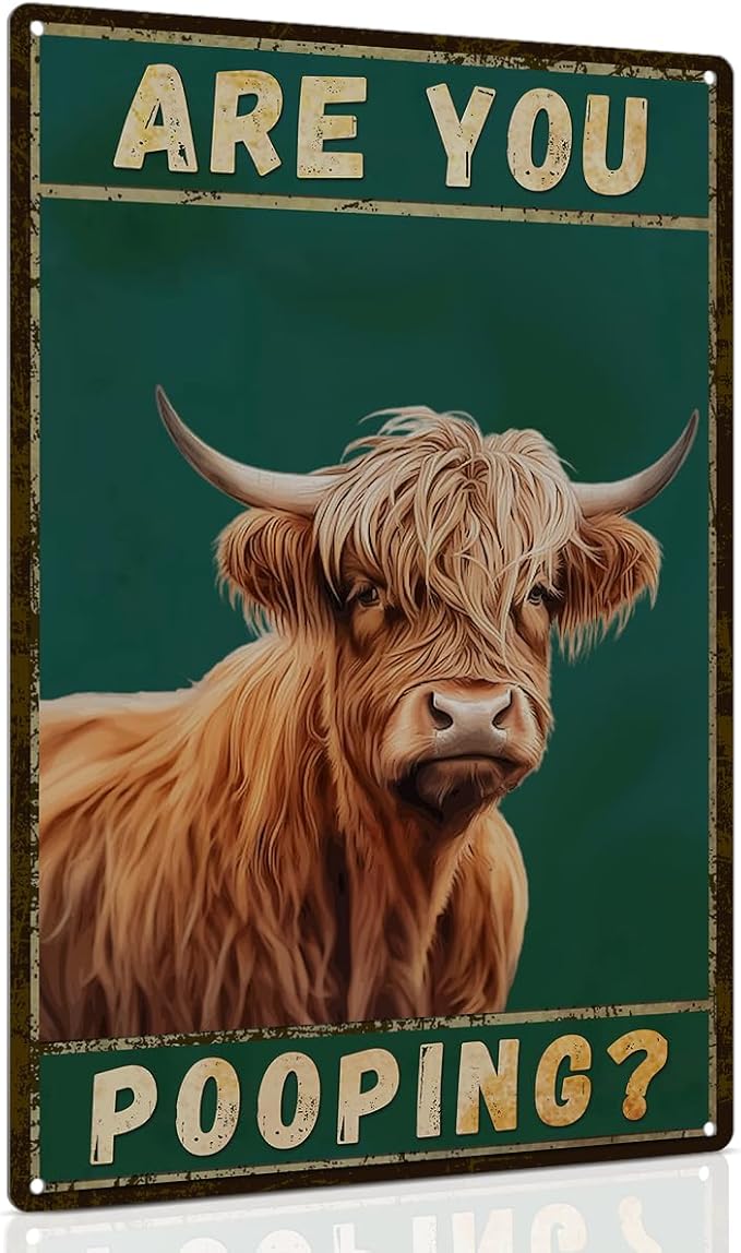 ALKB Funny Highland Cow Are You Pooping Metal Signs Vintage Farmhouse Bathroom Wall Decor Highland Cow Lovers Gift 8 x 12 Inch-Ruum Studio Home