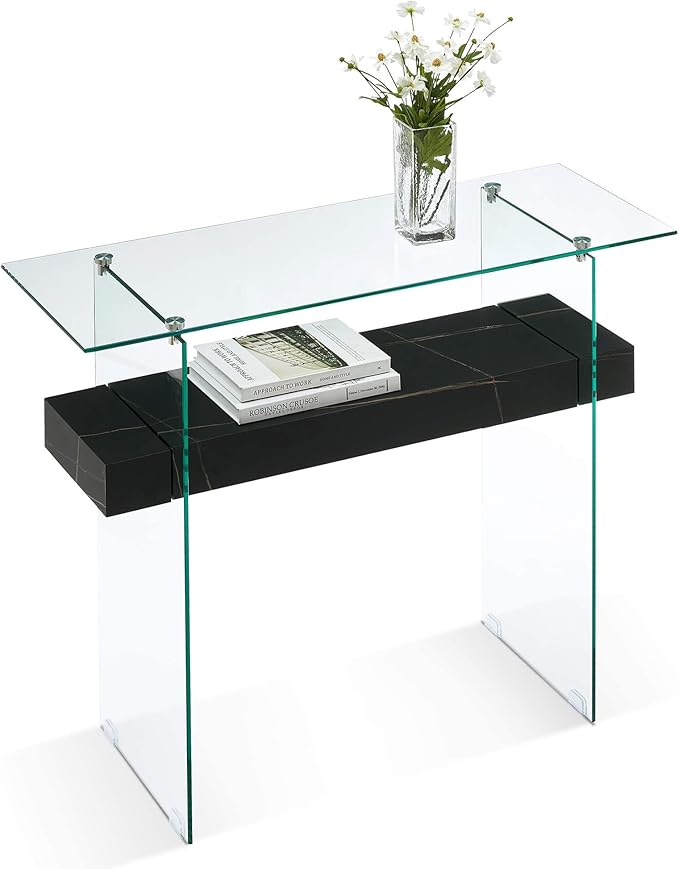 ivinta Glass Console Table with Storage, 39.4" Modern Sofa Table for Living Room, Foyer, Hallway, Bedroom 5101 (Black)-Ruum Studio Home