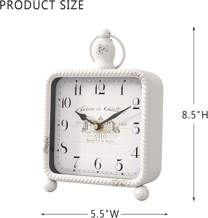 Vintage White Table Clock on Stand, Desk and Shelf Decor Clock, French Rustic Style Non-Ticking Mantel Clocks for Farmhouse, Living Room, Bedroom, Bedside, Gift (8.5" H x 5.5" W)-Ruum Studio Home