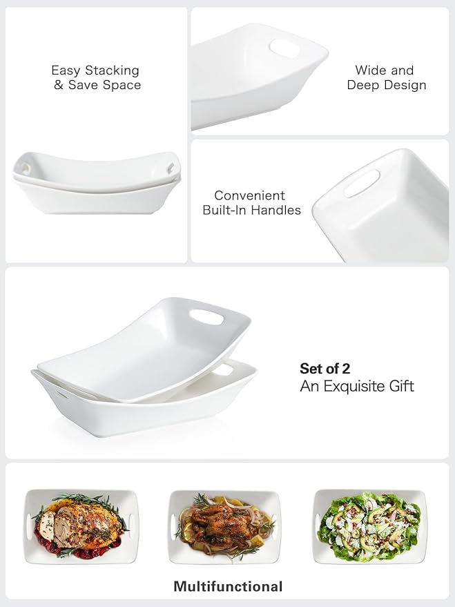 Kanwone Large Serving Bowls with Handles, White Serving Dishes For Entertaining, 1.8 Quarts Porcelain Bowl Set for Turkey, Fruit, Salad, Rectangle Serving Platter for Parites, Thanksgiving, Set of 2-Ruum Studio Home