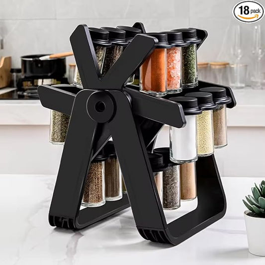 A&K's Rotating Spice Rack Organizer, 18 Glass Jars, 360-Degree Turntable, Black, Comes with Spice Label Stickers, Funnel, and Water Pen. Best for Kitchen Organization, Countertop, Pantry, and Cabinet.-Ruum Studio Home