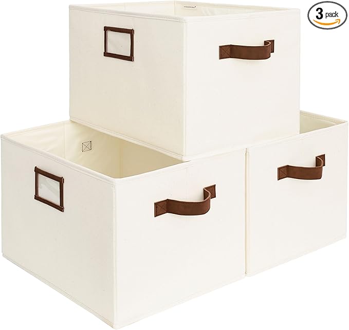 StorageWorks Storage Baskets for Shelves, Foldable Fabric Closet Storage Bins with PU Handles, Fabric Storage Bins Clothes Organizer, Ivory White, 3-Pack, Extra Large-Ruum Studio Home