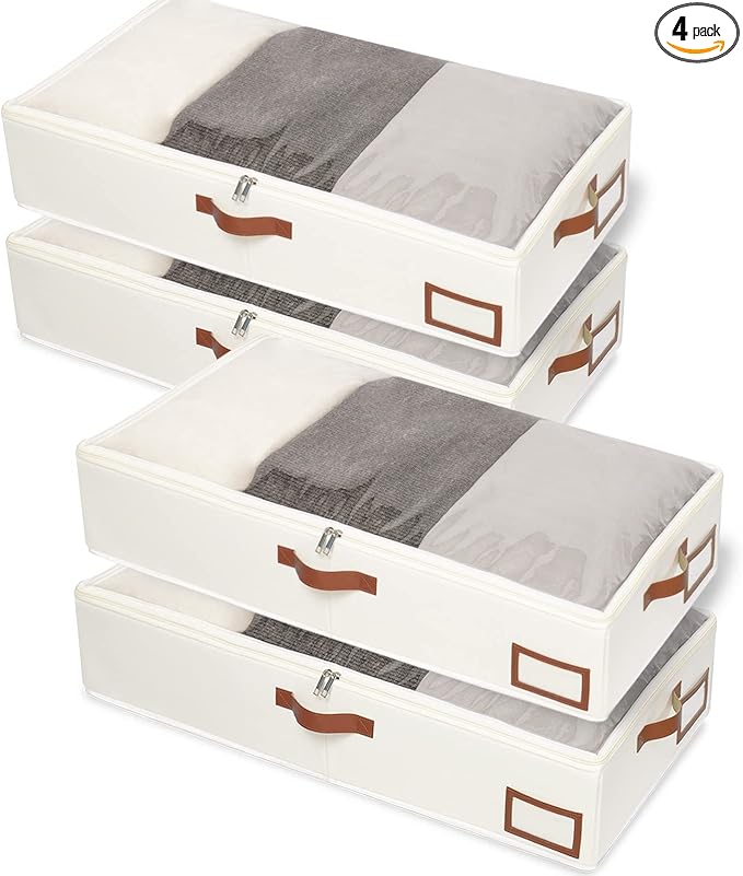 Yawinhe Under Bed Storage Containers, 4 Pack, Bin with Lids, Collapsible Closet Organizers, with Sorting Card Slot and 4 Leather Handles, for Blanket, Bedding, 31.5''Lx15.7''Wx6''H, Beige-Ruum Studio Home