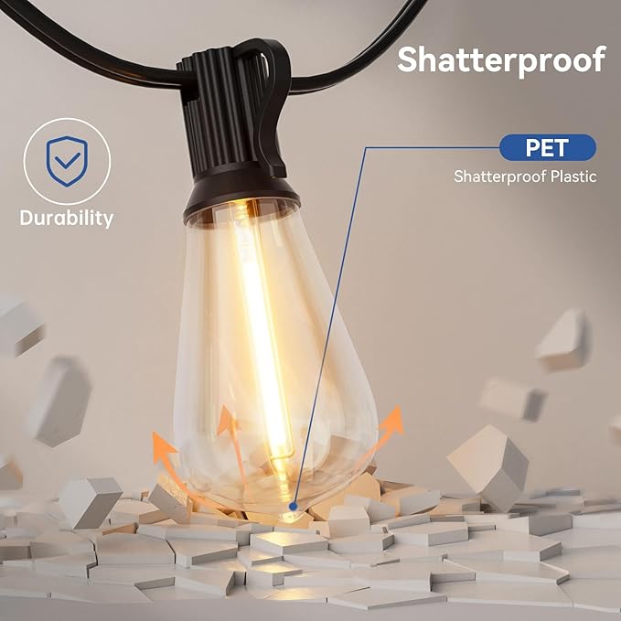 100 FT Outdoor String Lights for Outside, IP65 Waterproof ST38 LED Shatterproof Bulbs, Dimmable & Timable, 3 Light Modes, Hanging Patio Edison Lights for Porch Backyard Cafe Bistro-Ruum Studio Home