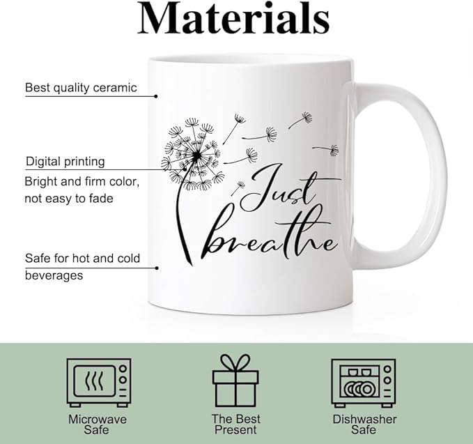 RZHV Just Breathe 11 Oz Novelty Mug, Funny Dandelion Coffee Mug for Floral Lover, Calming Gifts for Yoga Lover, Meditation Mental Health Gifts for Women-Ruum Studio Home
