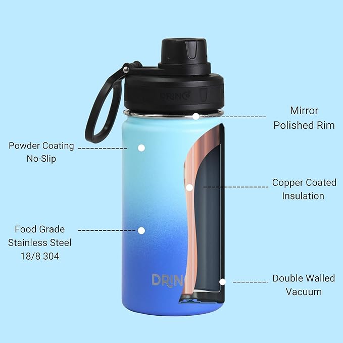 DRINCO Stainless Steel Water Bottle Spout Lid Vacuum Insulated Double Wall Water Bottle Wide Mouth (40oz 32oz 22oz 18oz 14oz) Leak Proof Keeps Cold or Hot (14 oz, 14oz Morning Sky Blue)-Ruum Studio Home