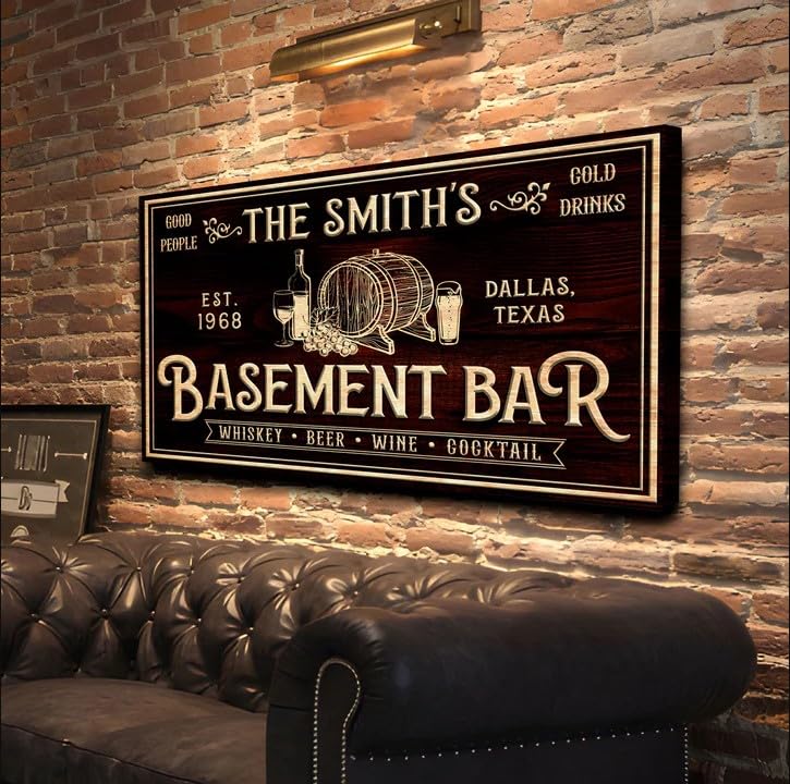 Tailored Canvases Custom Bar Sign - Personalized Basement Bar Decor, Lounge Canvas Wall Art for Man Cave, Kitchen, Pub & Diner, Rustic Home Bar Sign, Ready-to-Hang, Unique Printable Art-Ruum Studio Home