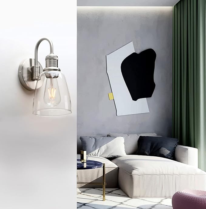 Yosoan 1-Light Brass Modern Vintage Indoor Wall Sconce, Vanity Single Luxury Hardwired Retro Textured Clear Oval Cone Glass Shade with Industrial Gooseneck Curved Rod Bathroom Lamp(Brushed)-Ruum Studio Home