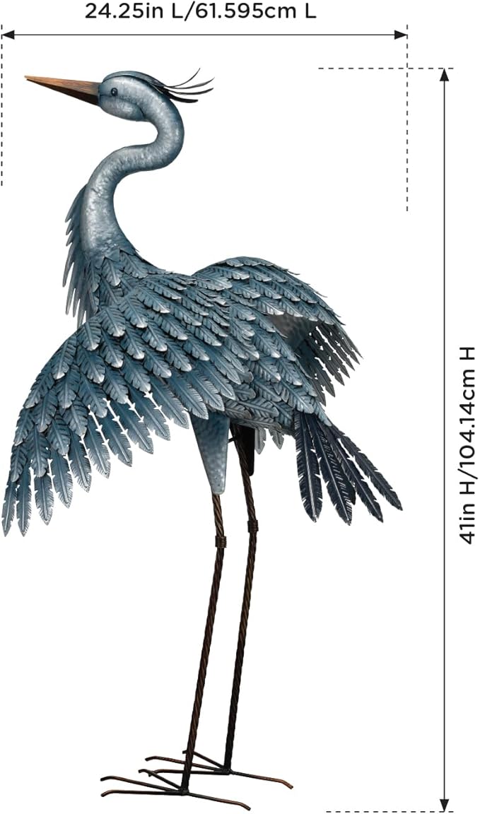 Regal Art & Gift Outdoor Garden Décor, Unique Bird Sculpture, Rustic Metal Bird Statues, Garden Ornaments, Bird Figurine for Lawn, Decorative Sculpture, Heron, Blue, Wings Down, 41"height-Ruum Studio Home