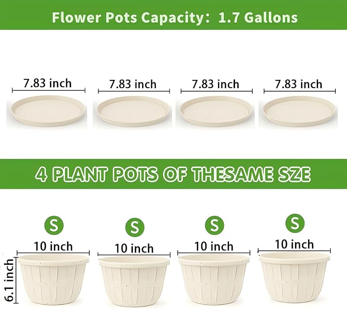 Quarut 10 inch Plastic Flower Pots for Indoor Plants，4 Pack Large Outdoor Planter Pot with Drainage Holes & Saucers，Imitation Wine Barrel Design，for Indoor Outdoor Garden Plants（White）-Ruum Studio Home