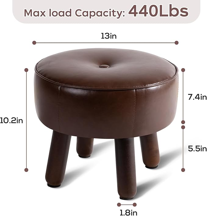 Small Foot Stool Ottoman, Round Pouf Foot Rest, Footstool Ottomans with Rubber Legs Under Desk, Faux Leather Footrest for Couch, Living Room, Bedroom, Office, 13''L x 13''W x 10.2''H, Coffee-Ruum Studio Home