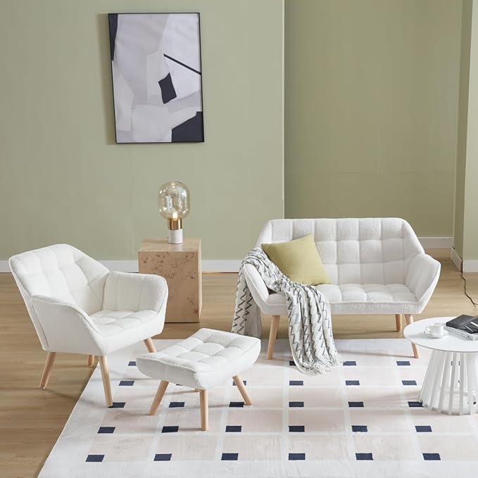 48”Small Loveseat Sofa, Modern Sherpa Upholstered Mini Couch 2-Seater Fluffy Love Seat with Quilting Backs and Wood Legs for Living Room, Bedroom and Small Space, White-Ruum Studio Home