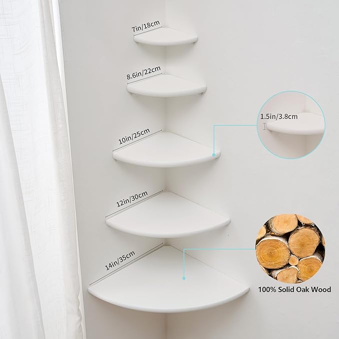 Corner Shelf, White Solid Oak Wood Floating Corner Shelves Wall Mount Round End Floating Speaker Rack for Small Plant Photo Frame (White, 8.6in)-Ruum Studio Home