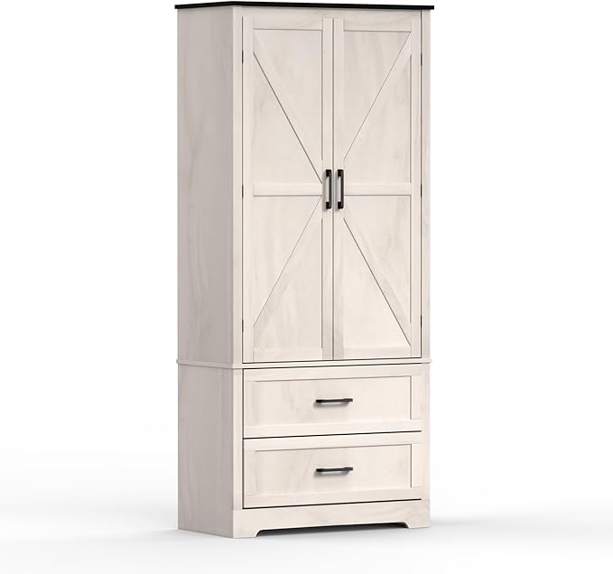 71" Kitchen Pantry Storage Cabinet, Barn Doors Tall Storage Pantry Cabinet with Drawers & Adjustable Shelf, Modern Farmhouse Cupboard Wood Pantry for Kitchen, Living Room, Dining Room, Oak Beige-Ruum Studio Home