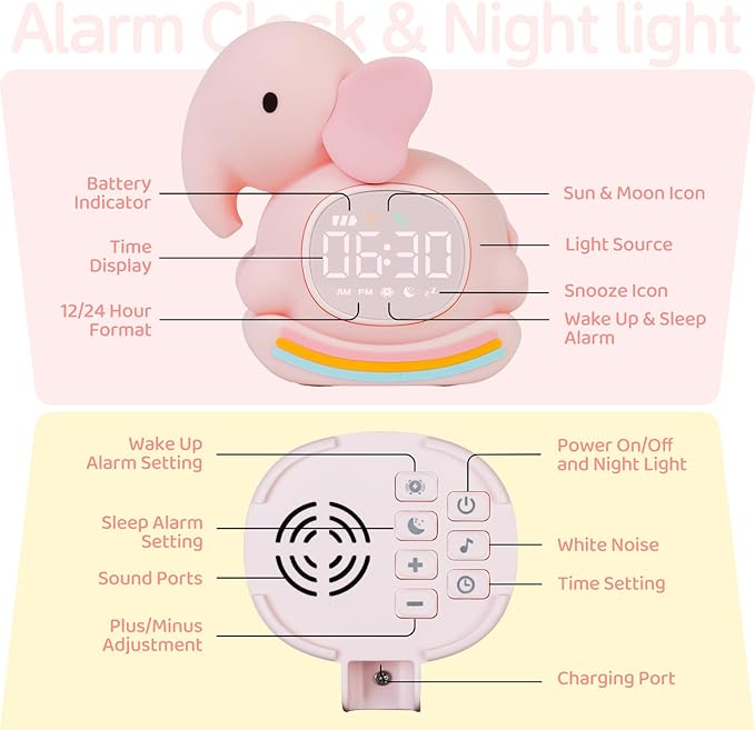 Alarm Clock for Kids with Night Light, Sleep Training Clock Time to Wake Clock, Rechargeable Silicone Light for Bedroom, Perfect Sleep Companion for Boys Girls, Pink Elephant-Ruum Studio Home