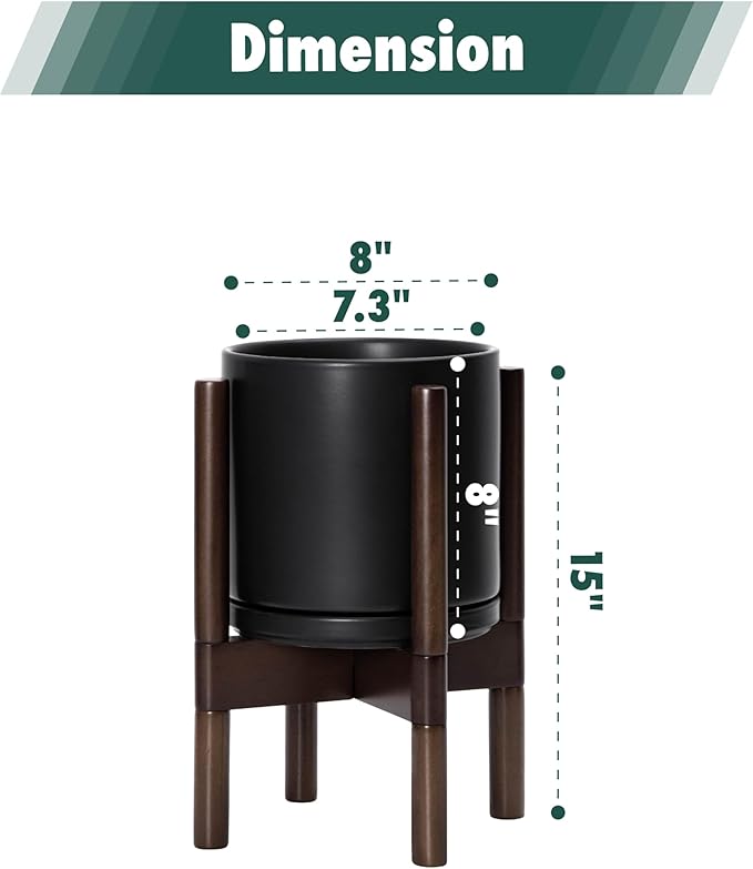 D'vine Dev Ceramic Planter with Walnut Color Stand - 8 Inch Modern Round Flower Pot with Wood Planter Holder, Black, 55-B-Y-2-Ruum Studio Home