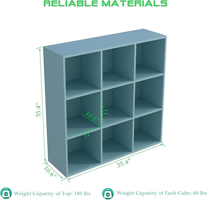 9-Cube Storage Shelf Bookcase - Wooden 3-Tier Floor Standing Open Bookshelf for Home and Office, Display Cabinet, Light Blue-Ruum Studio Home