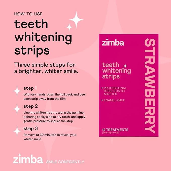 Zimba Strawberry Flavored Teeth Whitening Strips | Vegan, Enamel Safe Hydrogen Peroxide Teeth Whitener for Coffee, Wine, Tobacco, and Other Stains | 14 Day Treatment | Strawberry-Ruum Studio Home