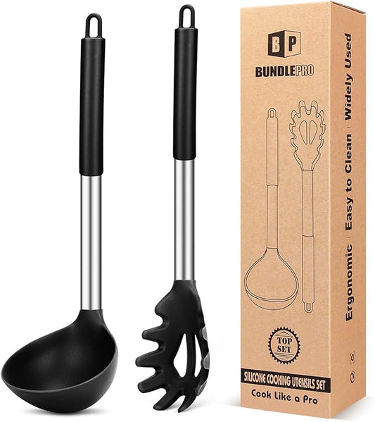 Silicone Pasta Fork and Ladle Spoon Set, Large Non Stick Kitchen Utensils for Cooking,Stirring,Serving Spaghetti, Soup, Sauce (BLACK)-Ruum Studio Home