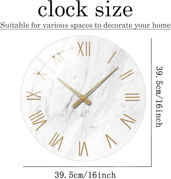 White Marble Large Clocks for Living Room Round Glass Wall Clock Battery Operated 16 Inch Silent Wall Clock Non Ticking-Ruum Studio Home
