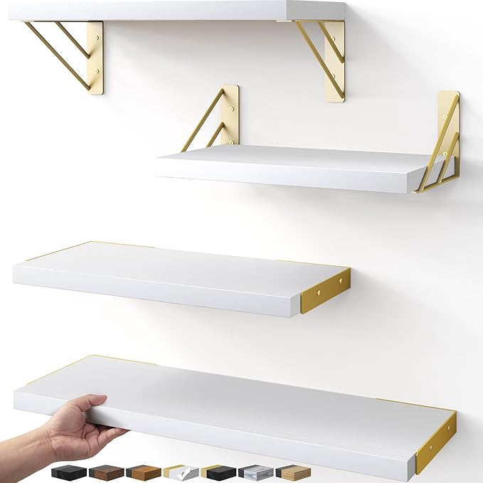 BAYKA Wall Shelves for Bedroom Decor, Floating Wall Shelves for Living Room Kitchen Storage, Wall Mounted Rustic Wood Shelves for Kids Books, Corner Shelf for Bathroom(White and Gold，Set of 4)-Ruum Studio Home