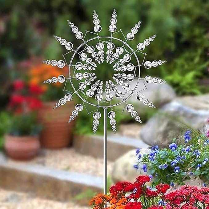 Unique and Magical Metal Windmill, 3D Wind Kinetic Sculpture, Wind Spinner Solar, Lawn Solar Wind Spinners for Yard and Garden, Wind Catchers Metal Outdoor Patio Decoration (1 PCS -Silver)-Ruum Studio Home