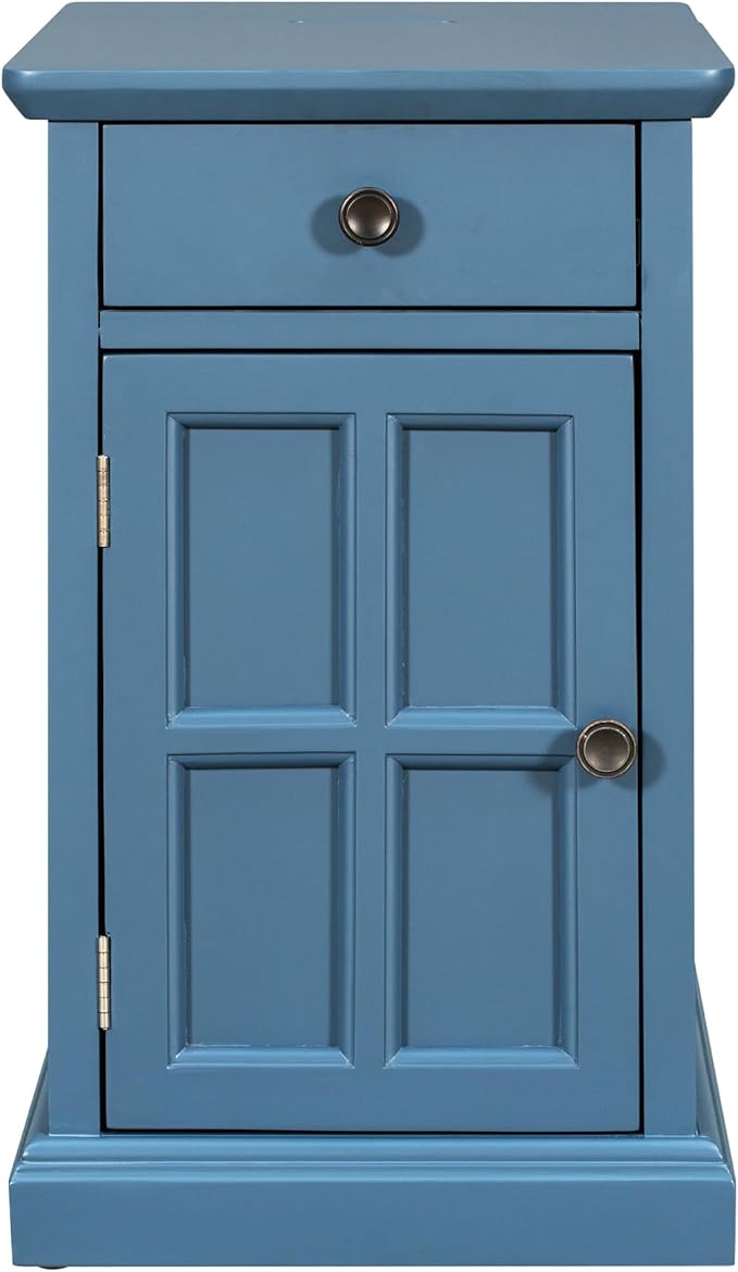 Traditional Wood End Table with Charging Station, Modern Vintage Sofa Chair Side Table Nightstand with Storage & Drawer for Living Room Bedroom, No Assembly, Antique Navy-Ruum Studio Home