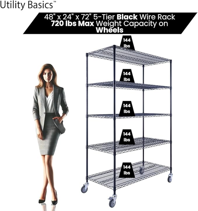 48"x24"x72" Black 5-Tier Premium Wire Shelving NSF 4000 LBS MAX Capacity Heavy Duty Steel Storage Rack for Warehouses, Garages, Hospitals, Commercial Spaces, & Schools w/Premium Wheels-Ruum Studio Home