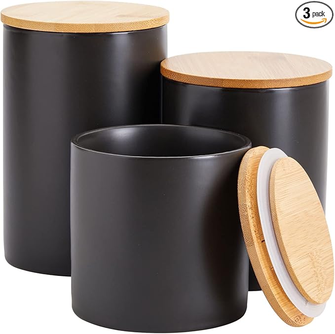 Farmlyn Creek Set of 3 Matte Black Kitchen Canister with Airtight Wooden Bamboo Lids, Kitchen Counter Containers, Food Storage Jars, Ideal for Storing Sugar, Coffee and Other Dry Goods, (3 Sizes)-Ruum Studio Home