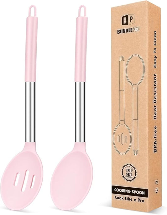Pack of 2 Large Silicone Cooking Spoons,Non Stick Solid Basting Spoon,Heat-Resistant Kitchen Utensils for Mixing,Serving,Draining,Stirring (PINK)-Ruum Studio Home