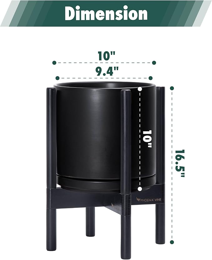 D'vine Dev Ceramic Planter with Ebony Stand - 10 Inch Modern Round Flower Pot with Wood Planter Holder, Black, 55-B-L-2-Ruum Studio Home
